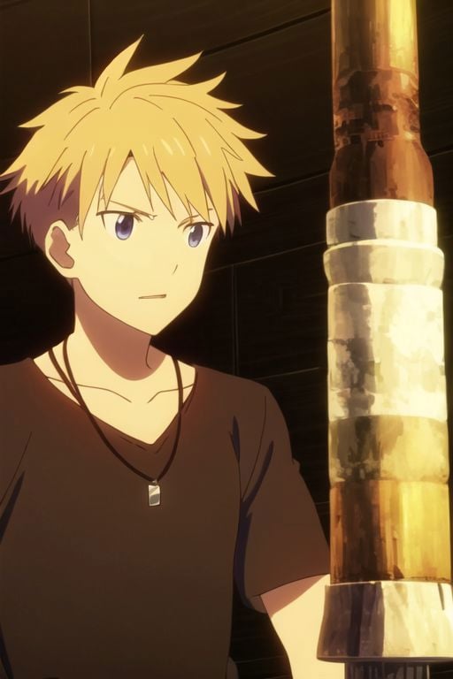 Yamato Ishida, masterpiece, best quality, (1boy), solo, male focus, High definition, Blonde hair, 4K, v-neck T-shirt, rocket engineer, Necklace