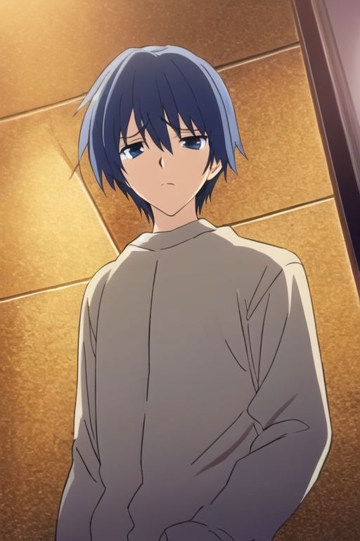 Tomoya Okazaki, masterpiece, best quality, (1boy), solo, male focus, High definition, grey blue hair, 4K, sad, looking down