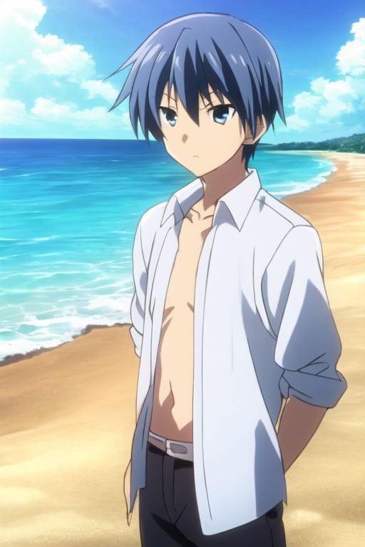 Tomoya Okazaki, masterpiece, best quality, (1boy), solo, male focus, High definition, grey blue hair, 4K, open shirt, vacation beach