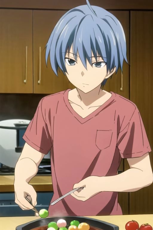 Tomoya Okazaki, masterpiece, best quality, (1boy), solo, male focus, High definition, grey blue hair, 4K, v-neck T-shirt, cooking dango