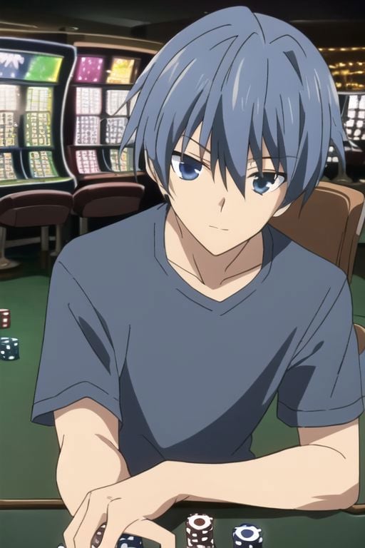 Tomoya Okazaki, masterpiece, best quality, (1boy), solo, male focus, High definition, grey blue hair, 4K, T-shirt, heartless, gambling, stress