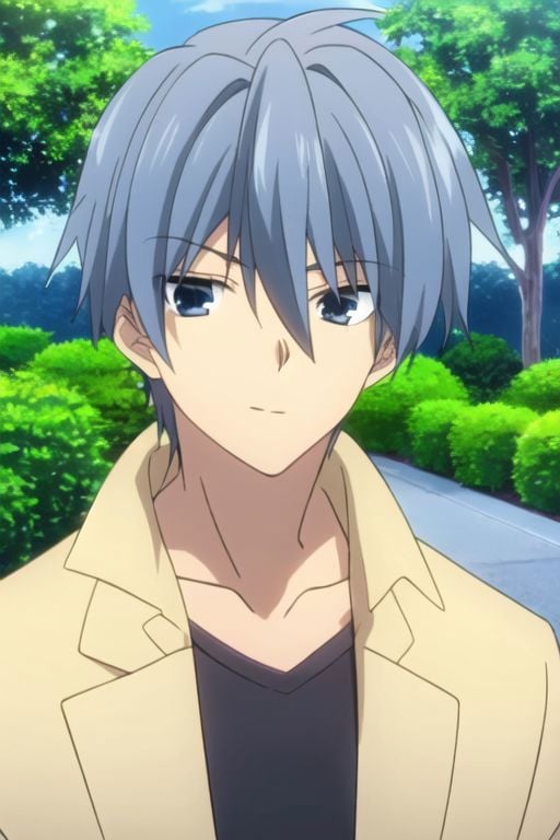 Tomoya Okazaki, masterpiece, best quality, (1boy), solo, male focus, High definition, grey blue hair, 4K, narcissistic, outdoors