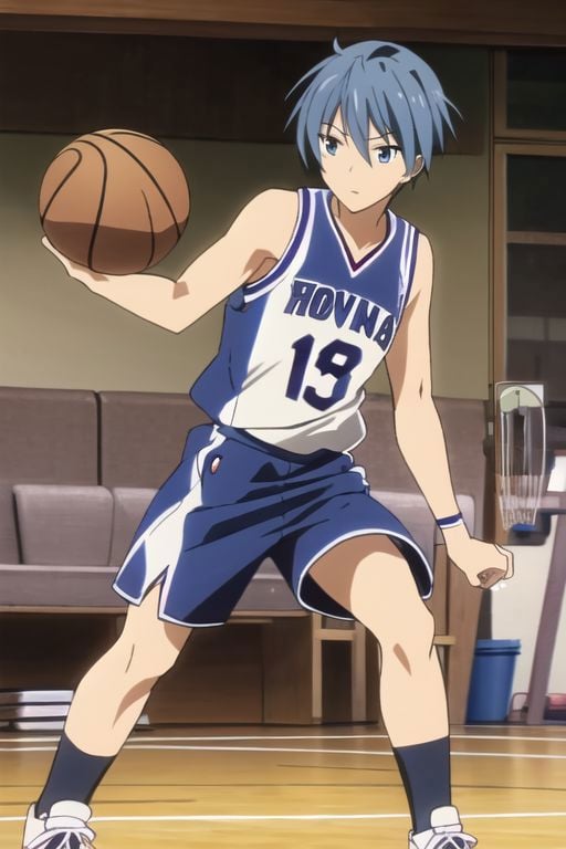 Tomoya Okazaki, masterpiece, best quality, (1boy), solo, male focus, High definition, grey blue hair, 4K, basket ball player