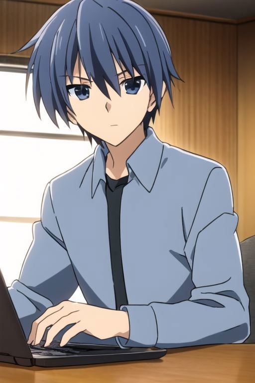 Tomoya Okazaki, masterpiece, best quality, 1boy, solo, male focus, High definition, grey blue hair, 4K, work front laptop