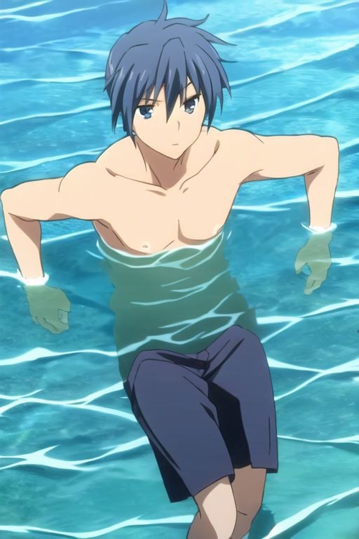 Tomoya Okazaki, masterpiece, best quality, (1boy), solo, male focus, High definition, grey blue hair, 4K, shirtless, swimming