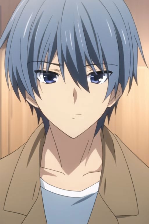 Tomoya Okazaki, masterpiece, best quality, (1boy), solo, male focus, High definition, grey blue hair, 4K, narcissistic