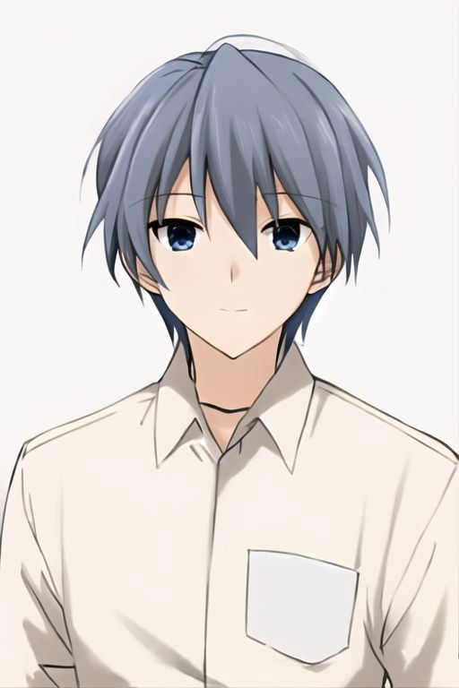 Tomoya Okazaki, masterpiece, best quality, (1boy), solo, male focus, photography, High definition, grey blue hair, 4K, shirt, dark grey background, passport_photo_style