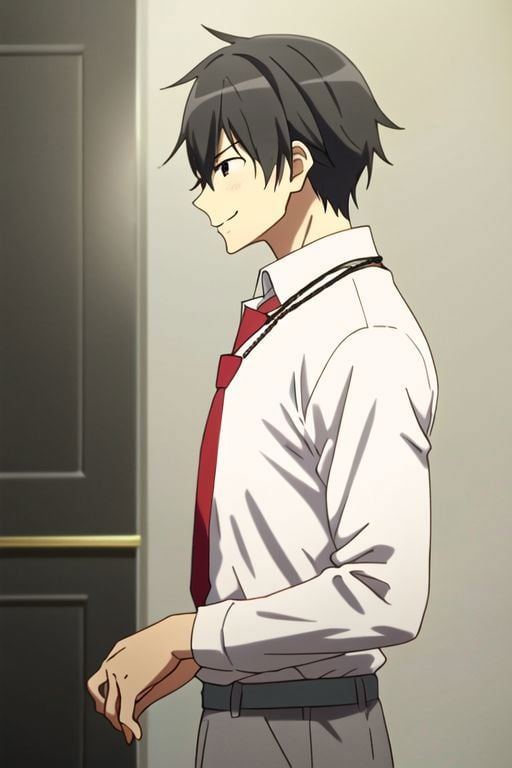 4k, best quality, 1boy, solo, male focus, seiya kanie, necklace, white dress shirt, a red tie, gray pants, angry, smile, black hair, EasyNegativeV2, same eye, candid photography, narcissistic, photo profile