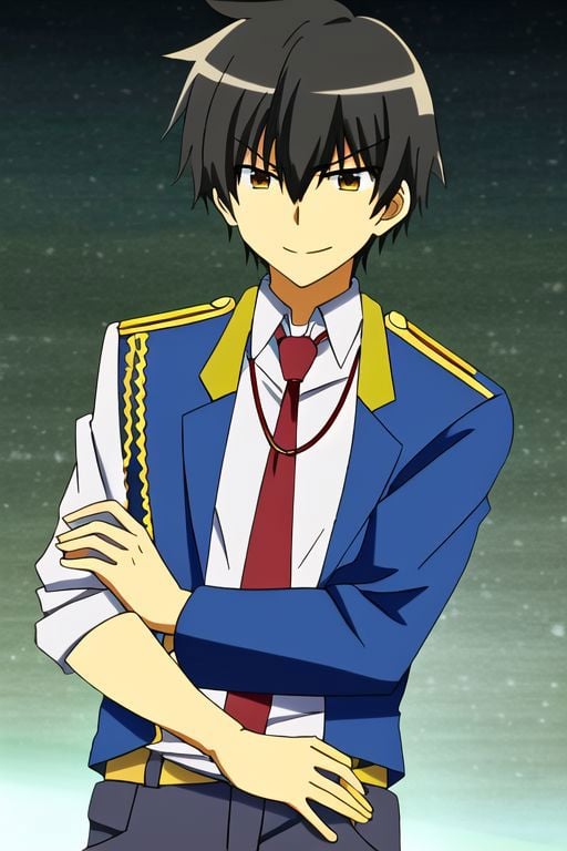 (4k), high resolution, professional photography, best quality, ((1boy)), solo, male focus, seiya kanie, necklace, white dress shirt under a dark blue jacket with golden accents, gold aiguillettes worn on the right shoulder, a red tie, gray pants, and a red armband on it around his left arm, angry, smile, black hair, EasyNegativeV2, same eye