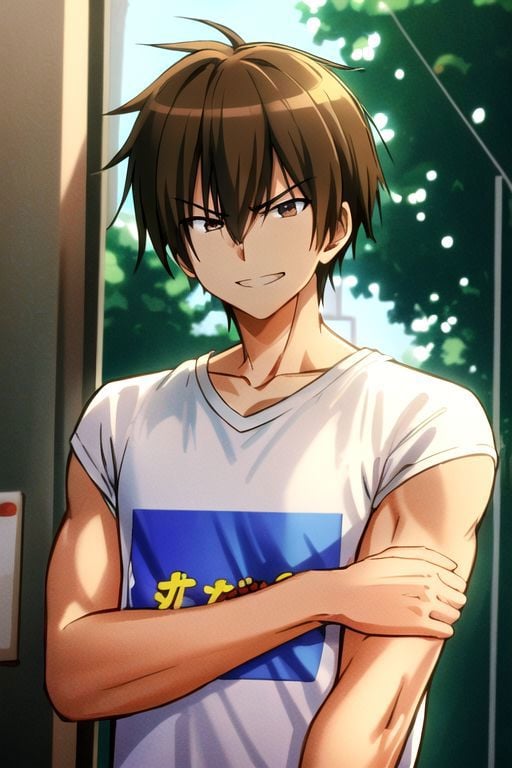 (4k), extremely detailed, hyper detailed, high resolution, professional photography, realistic, best quality, candid photo, (1boy), solo, male focus, male, easynegative, looking at viewer,  angry, smile, Seiya Kanie, EasyNegativeV2, t-shirt, narcissism