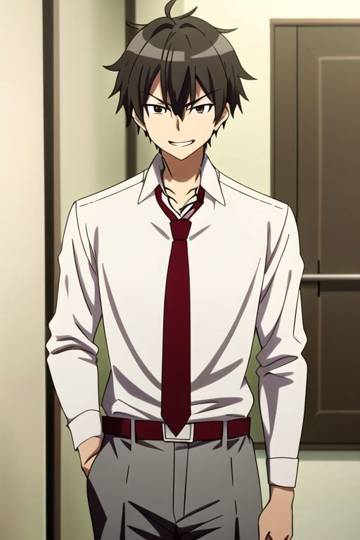 4k, best quality, 1boy, solo, male focus, seiya kanie, necklace, white dress shirt, a red tie, gray pants, angry, smile, black hair, EasyNegativeV2, same eye, candid photography, narcissistic