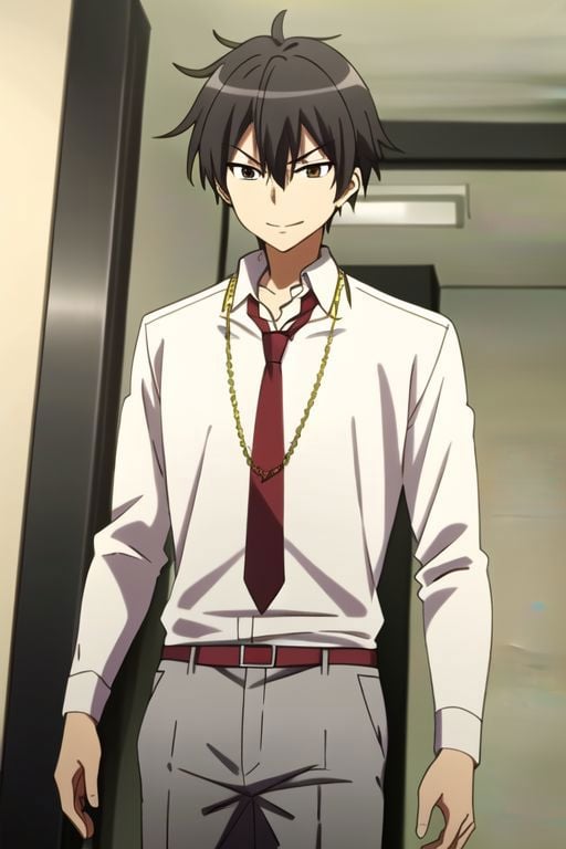 best quality, 1boy, solo, male focus, seiya kanie, necklace, white dress shirt, a red tie, gray pants, angry, smile, black hair, EasyNegativeV2, same eye, candid photography, narcissistic