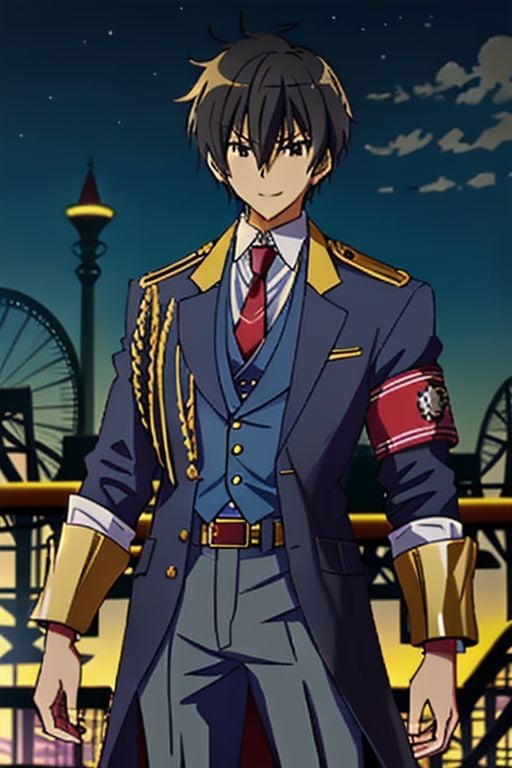 high resolution, professional photography, best quality, ((1boy)), solo, male focus, seiya kanie, necklace, white dress shirt under a dark blue jacket with golden accents, gold aiguillettes worn on the right shoulder, a red tie, gray pants, and a red armband on it around his left arm, angry, smile, black hair, EasyNegativeV2, same eye, roller coaster park