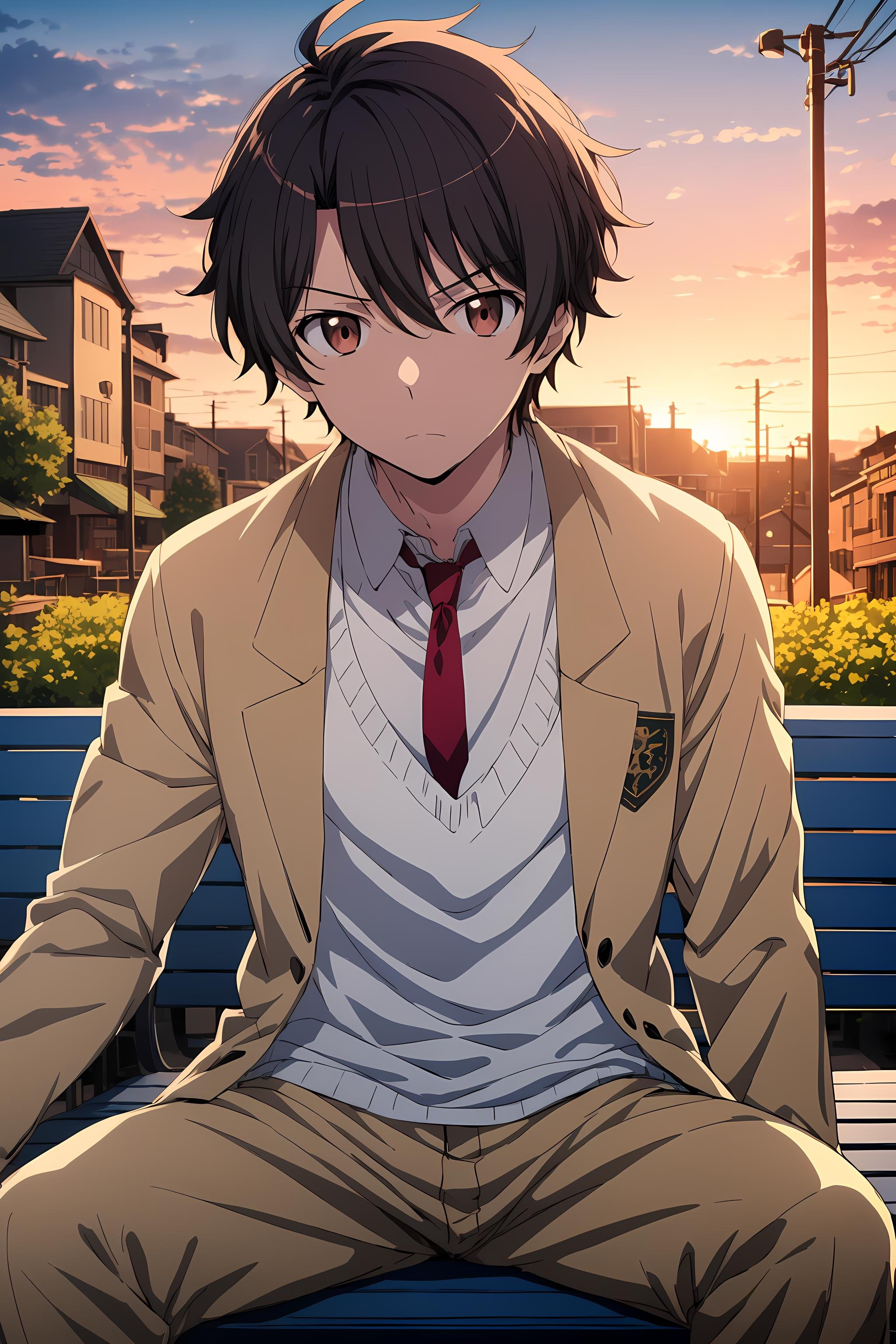 1boy, mature, (muscular:0.8), <lora:AZ_Inaho_SD_1:0.8>, Inaho Kaizuka, cowboy shot, brown coat, white shirt, red necktie, sitting on park benches, sunset, serious face, looking at viewer,  cinematic shot, focus, blurry background, bokeh, depth of field, <lora:add_detail:0.7>