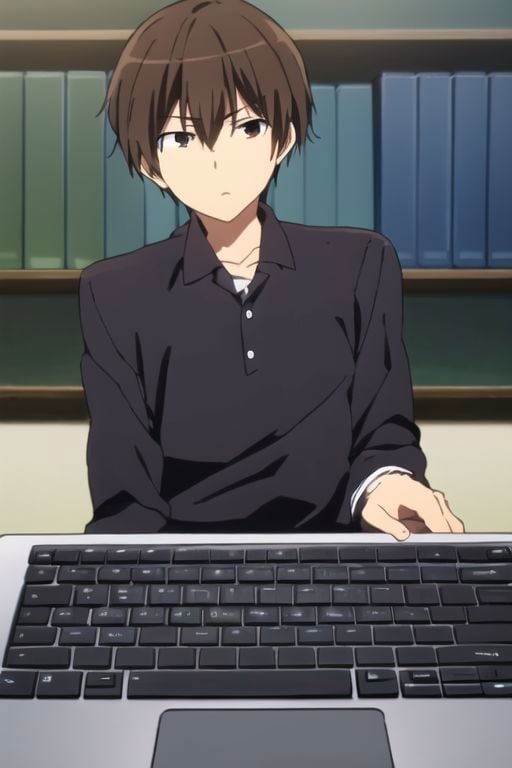 Seiya Kanie, masterpiece, best quality, 1boy, solo, male focus, High definition, Dark Brown hair, 4K, work front laptop