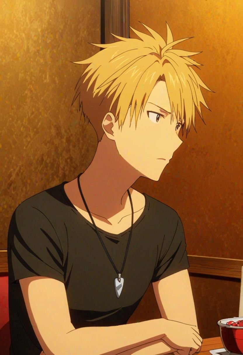 Yamato Ishida, masterpiece, best quality, (1boy), solo, male focus, High definition, Blonde hair, 4K, T-shirt, heartless, thinking, stress, Necklace