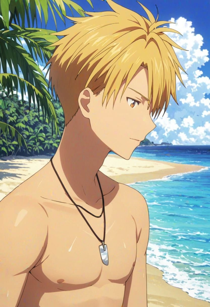 Yamato Ishida, masterpiece, best quality, (1boy), solo, male focus, High definition, Blonde hair, 4K, shirtless, swim on the beach, Necklace