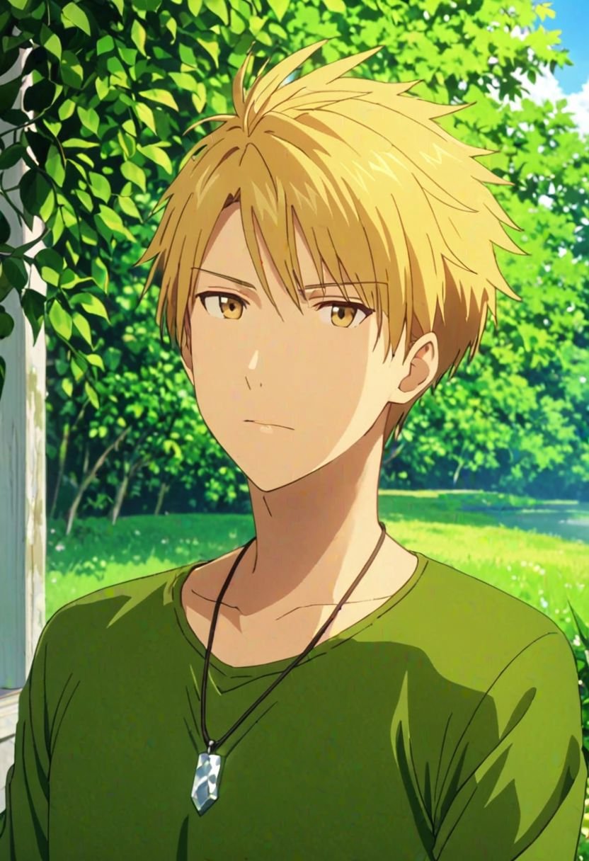 Yamato Ishida, masterpiece, best quality, (1boy), solo, male focus, High definition, Blonde hair, 4K, narcissistic, outdoors, Necklace