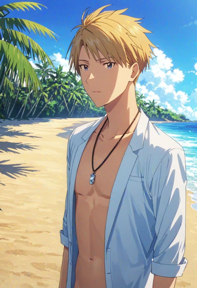 Yamato Ishida, masterpiece, best quality, (1boy), solo, male focus, High definition, Blonde hair, 4K, open shirt, vacation beach, Necklace