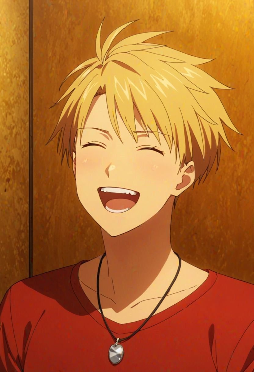 Yamato Ishida, masterpiece, best quality, (1boy), solo, male focus, High definition, Blonde hair, 4K, laughing, Necklace