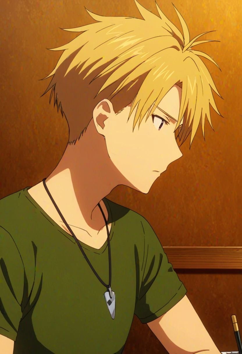 Yamato Ishida, masterpiece, best quality, (1boy), solo, male focus, High definition, Blonde hair, 4K, T-shirt, heartless, thinking, stress, Necklace