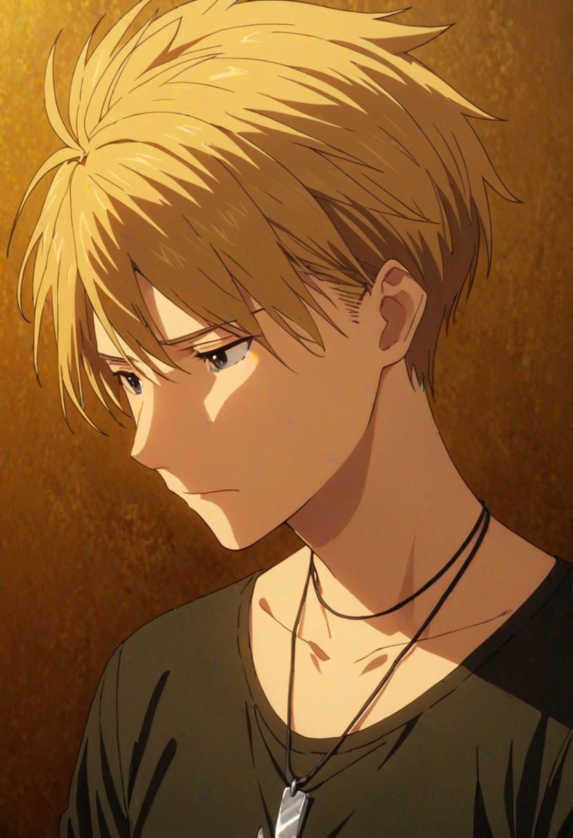 Yamato Ishida, masterpiece, best quality, (1boy), solo, male focus, High definition, Blonde hair, 4K, sad, looking down, Necklace