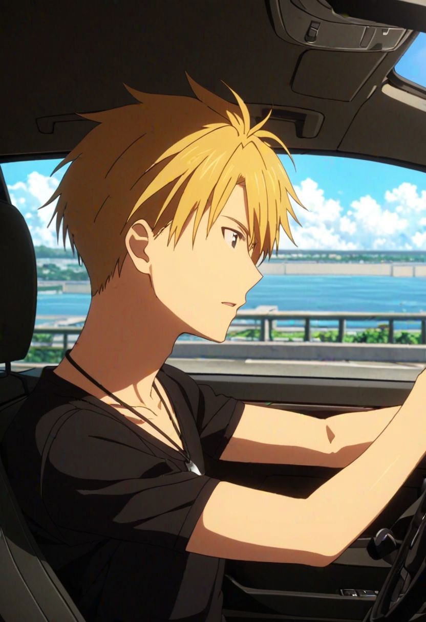 Yamato Ishida, masterpiece, best quality, 1boy, solo, male focus, High definition, Blonde hair, 4K, driving a car, Necklace