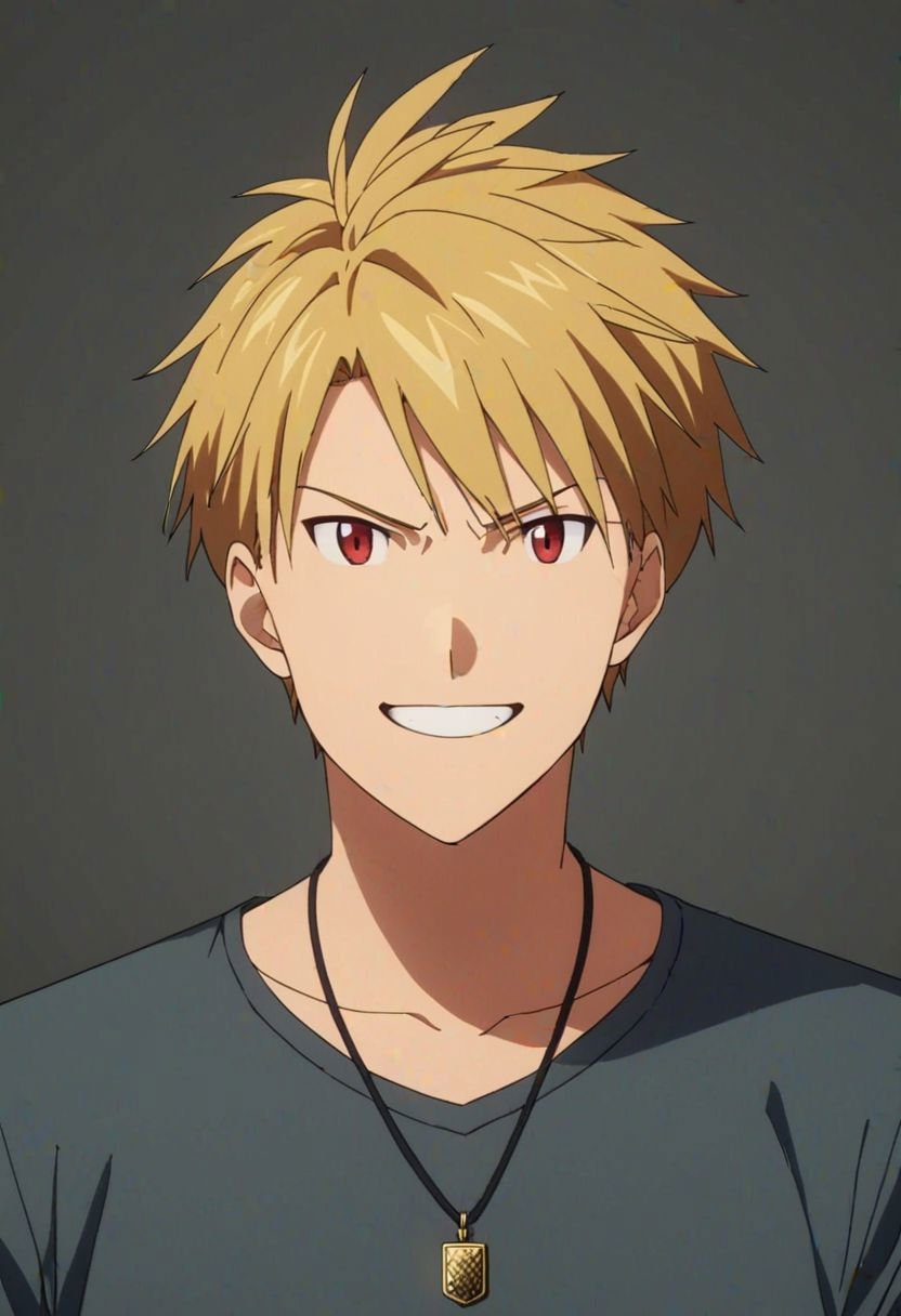 Yamato Ishida, masterpiece, best quality, (1boy), solo, male focus, photography, High definition, Blonde hair, 4K, shirt, dark grey background, passport_photo_style, >:), angry, smile, Necklace