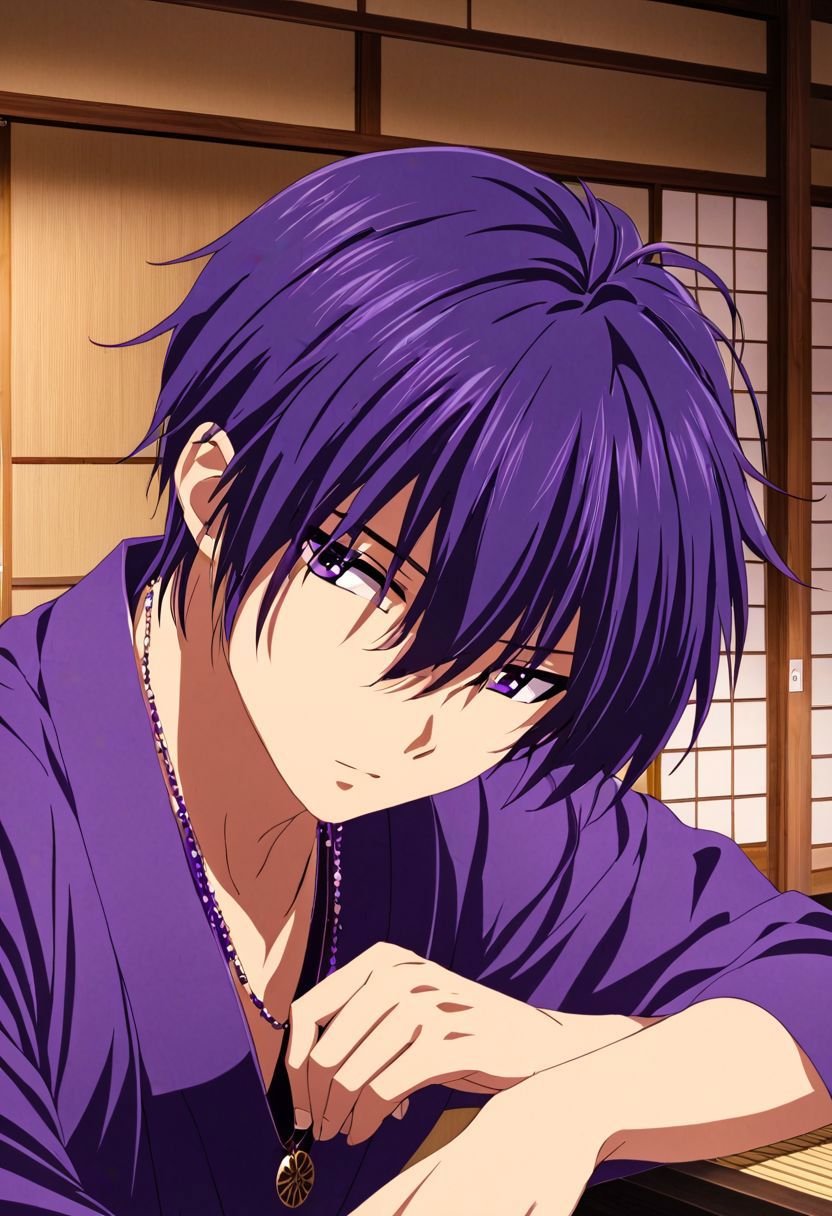 EasyNegativeV2, Tomoya Okazaki, 1boy, male, purple hair, japanase home, necklace