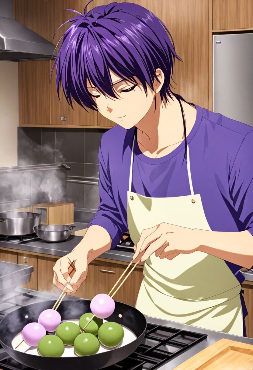 EasyNegativeV2, Tomoya Okazaki, 1boy, male, purple hair, cooking dango, necklace