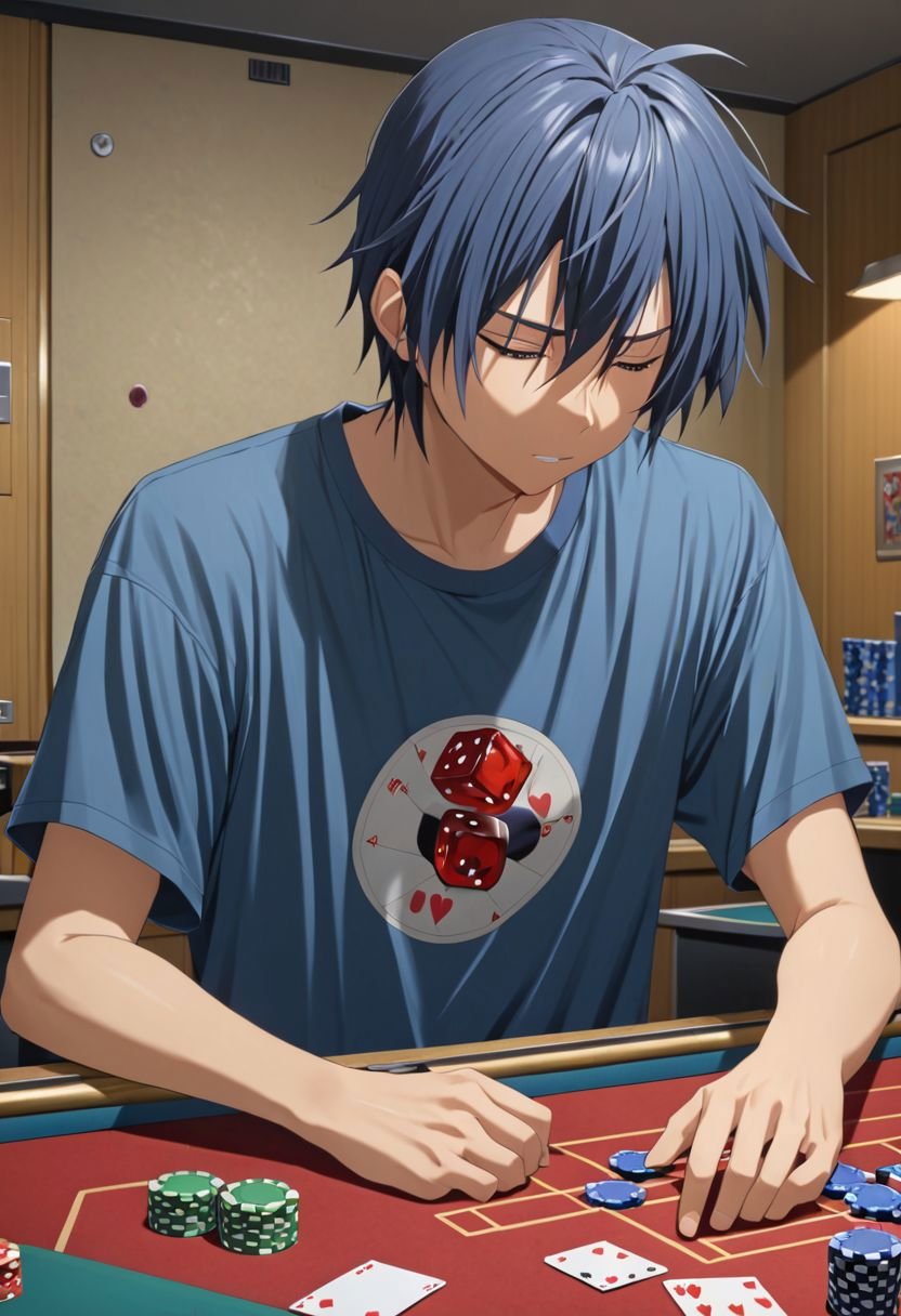 Tomoya Okazaki, masterpiece, best quality, (1boy), solo, male focus, High definition, grey blue hair, 4K, T-shirt, heartless, gambling, stress