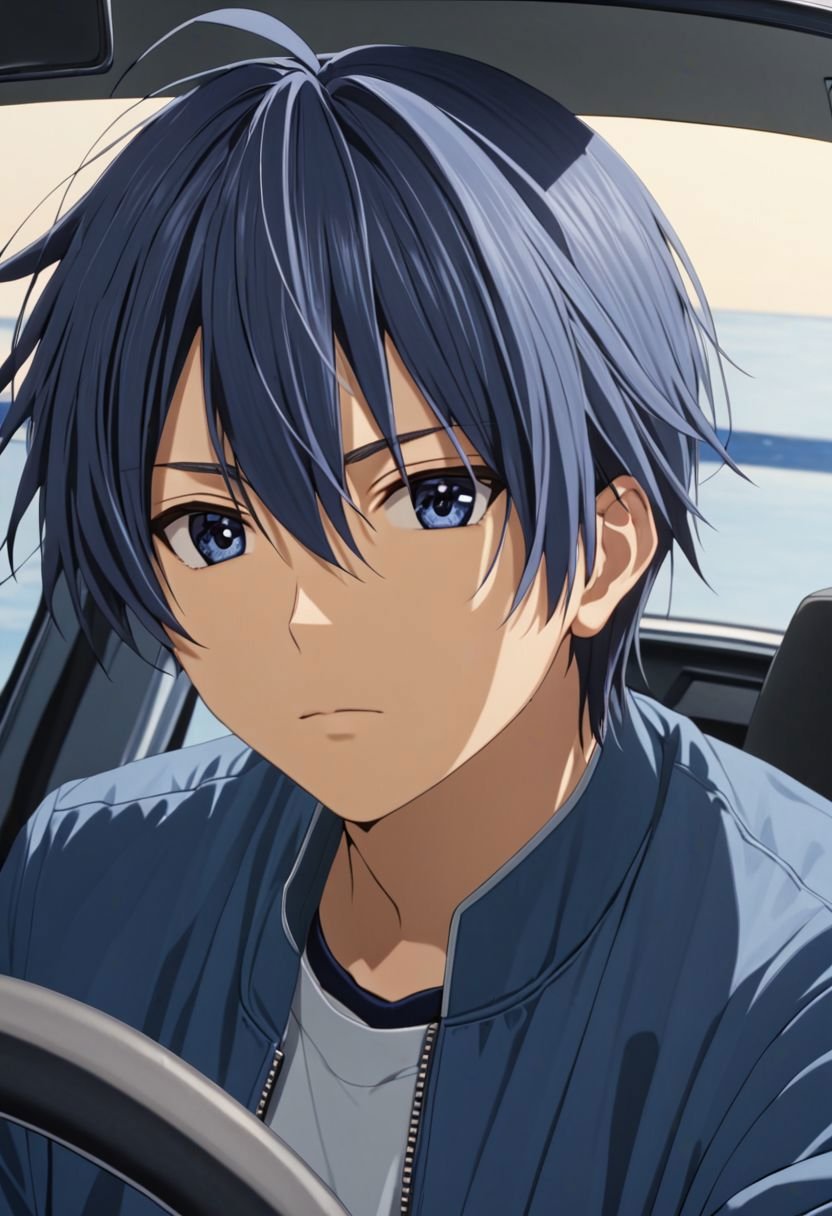 Tomoya Okazaki, masterpiece, best quality, 1boy, solo, male focus, High definition, grey blue hair, 4K, driving a car