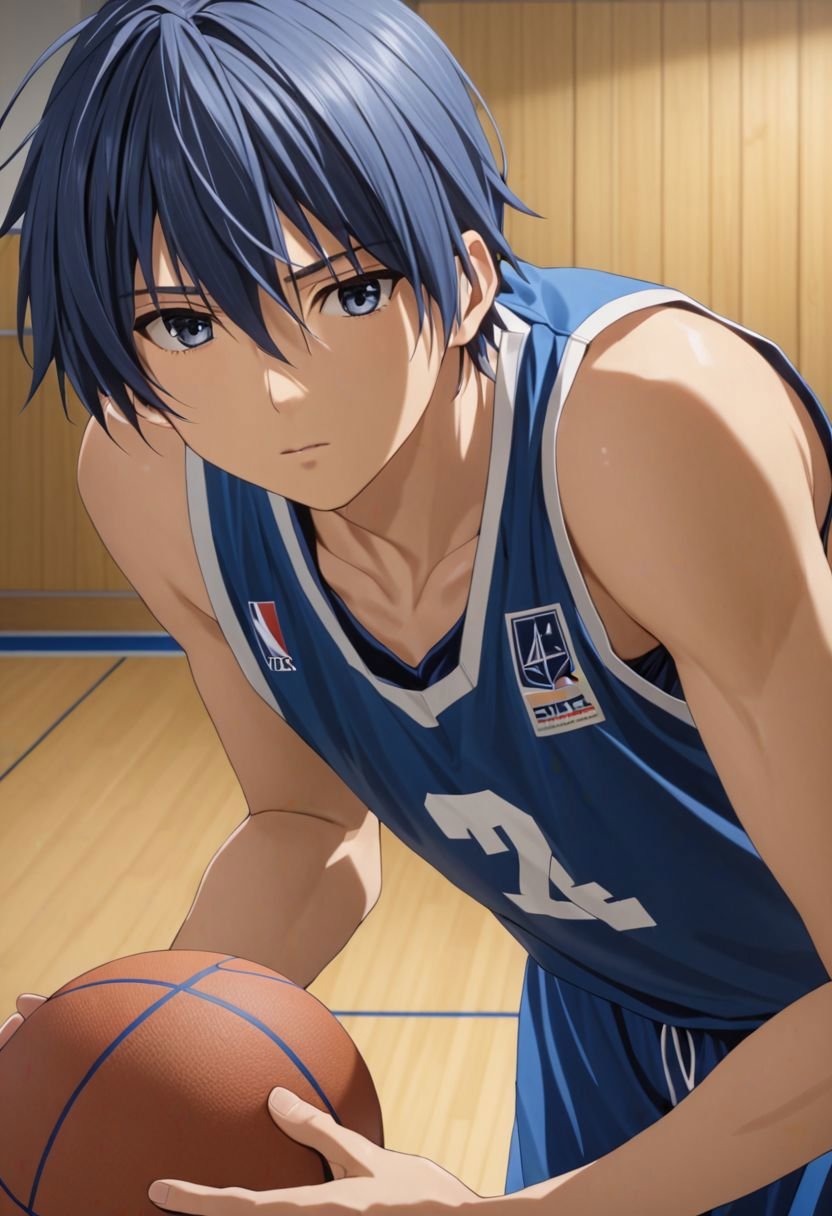 Tomoya Okazaki, masterpiece, best quality, (1boy), solo, male focus, High definition, grey blue hair, 4K, basket ball player