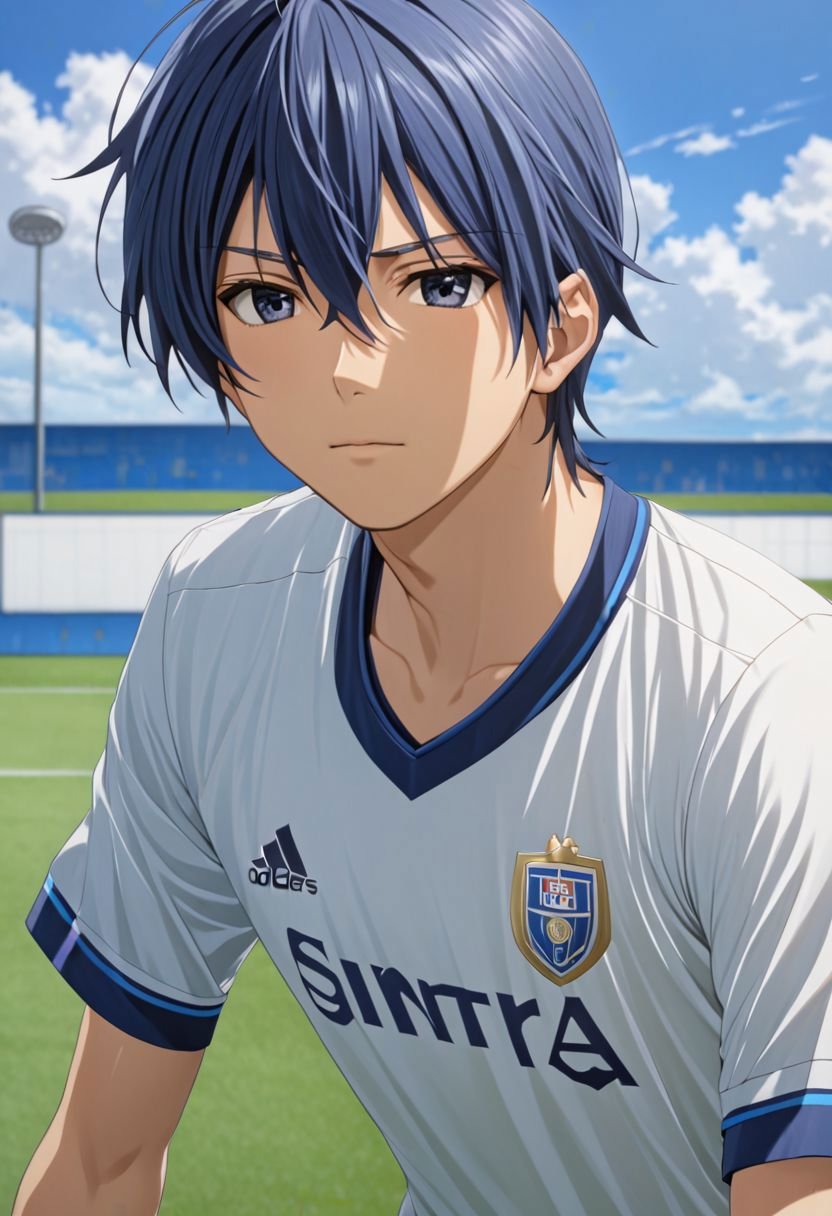 Tomoya Okazaki, masterpiece, best quality, (1boy), solo, male focus, High definition, grey blue hair, 4K, soccer player