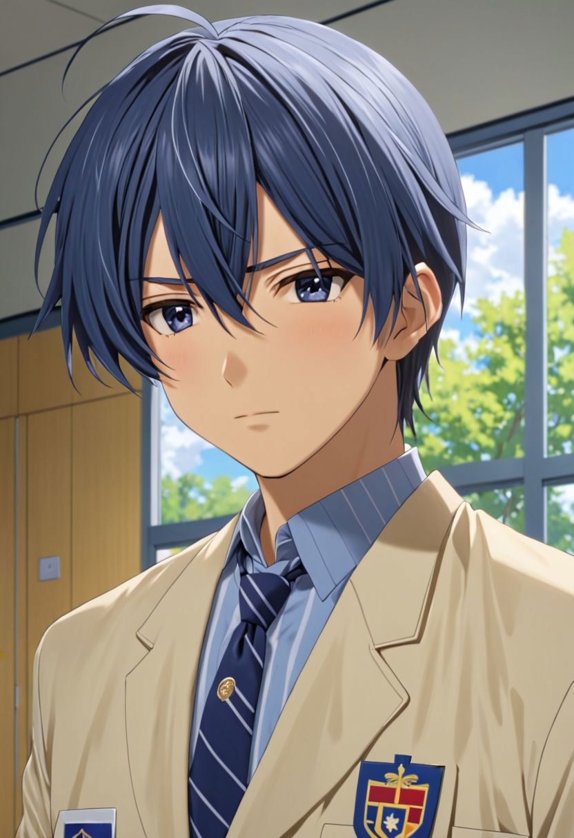 Tomoya Okazaki, masterpiece, best quality, 1boy, solo, male focus, High definition, grey blue hair, 4K, school, uniform school