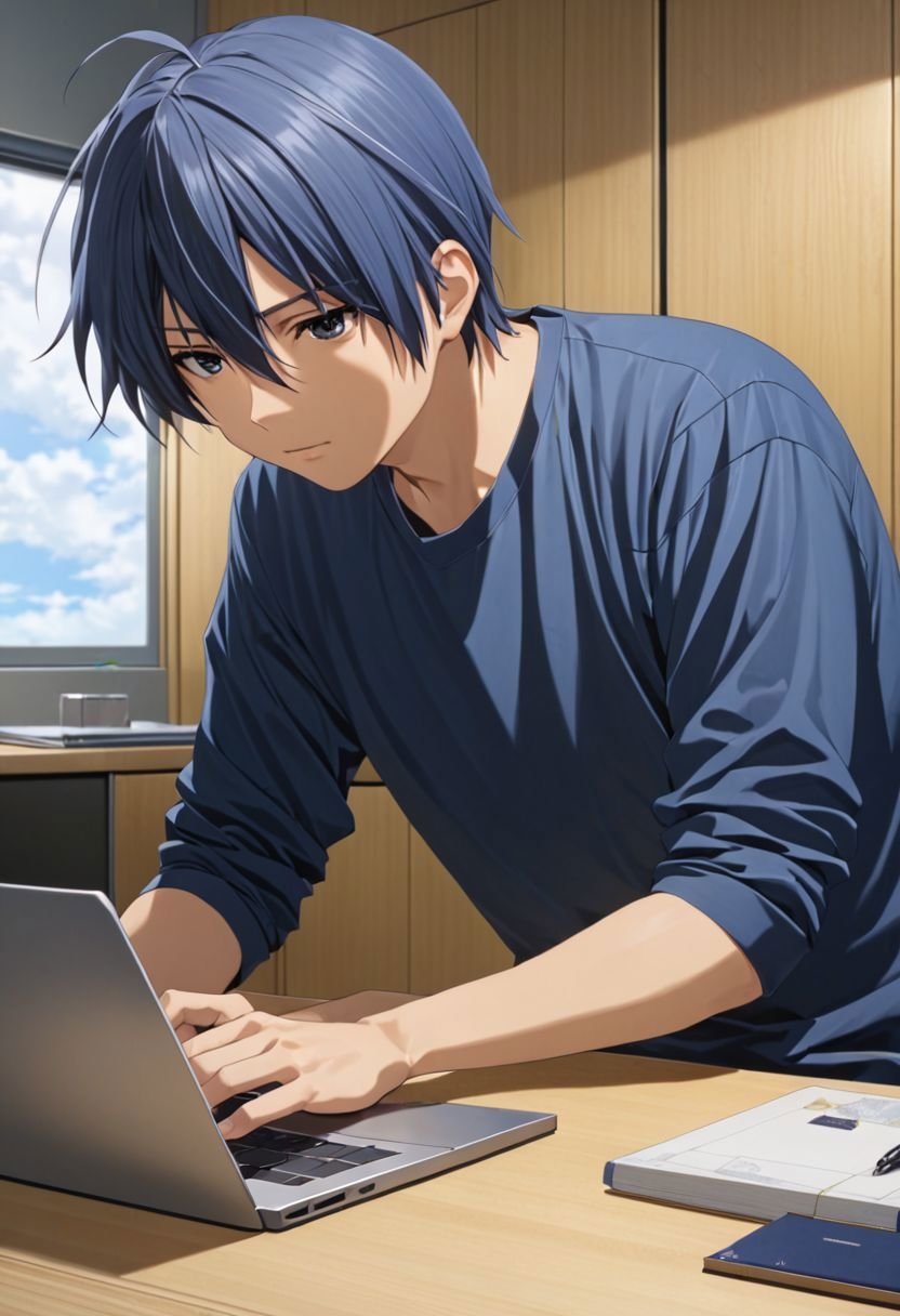 Tomoya Okazaki, masterpiece, best quality, 1boy, solo, male focus, High definition, grey blue hair, 4K, work front laptop