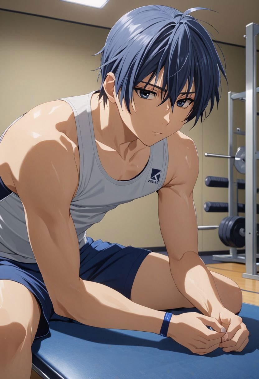 Tomoya Okazaki, masterpiece, best quality, 1boy, solo, male focus, High definition, grey blue hair, 4K, gym boy