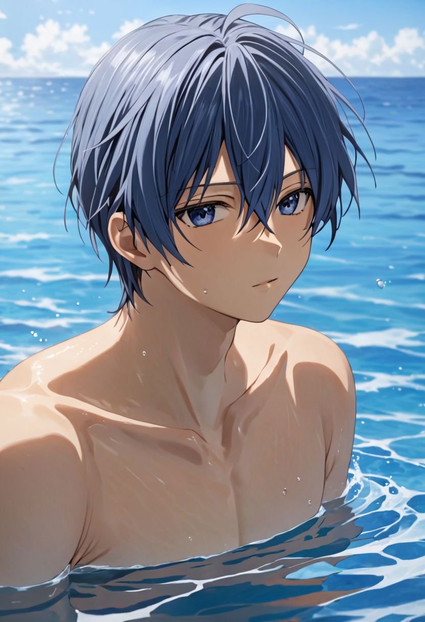 Tomoya Okazaki, masterpiece, best quality, (1boy), solo, male focus, High definition, grey blue hair, 4K, shirtless, swimming