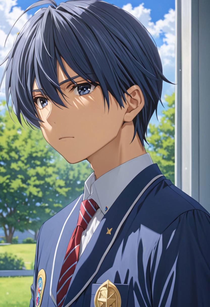 Tomoya Okazaki, masterpiece, best quality, 1boy, solo, male focus, High definition, grey blue hair, 4K, school, uniform school