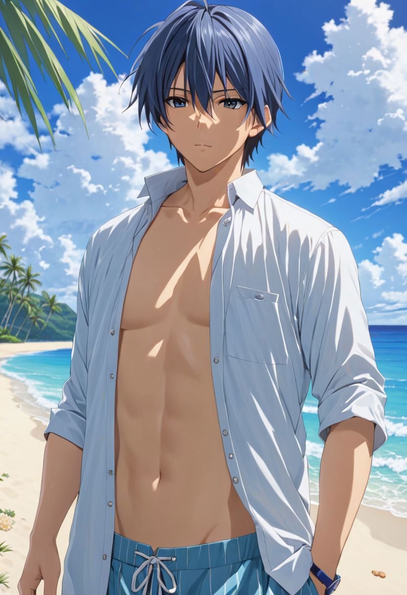 Tomoya Okazaki, masterpiece, best quality, (1boy), solo, male focus, High definition, grey blue hair, 4K, open shirt, vacation beach