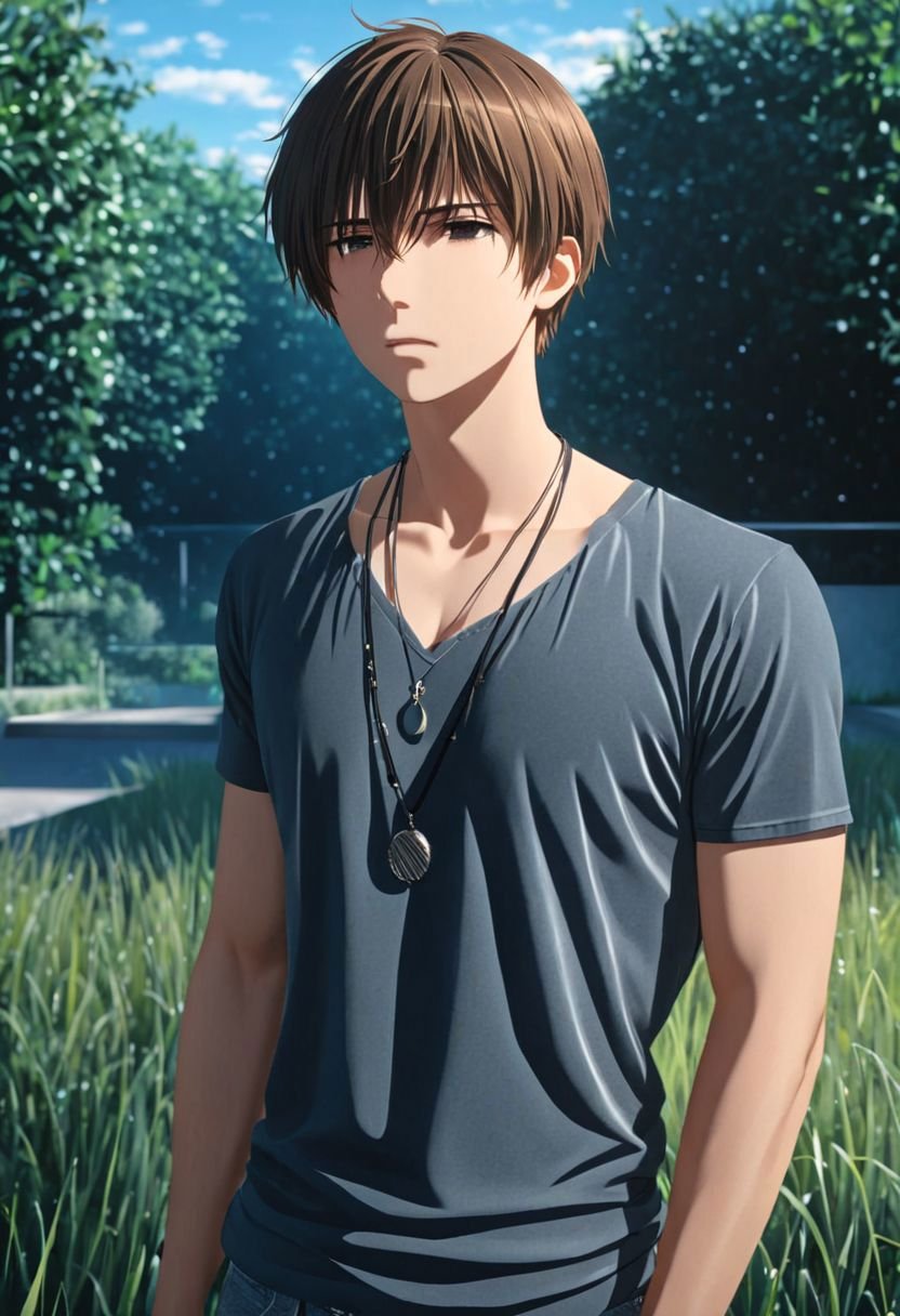 photorealistic, (4k), extremely detailed, hyper detailed, high resolution, professional photography, best quality, 1boy, solo, male focus, easynegative, outdoor, 3/4 body, casual, Negative prompt, seiya kanie, necklace, sad