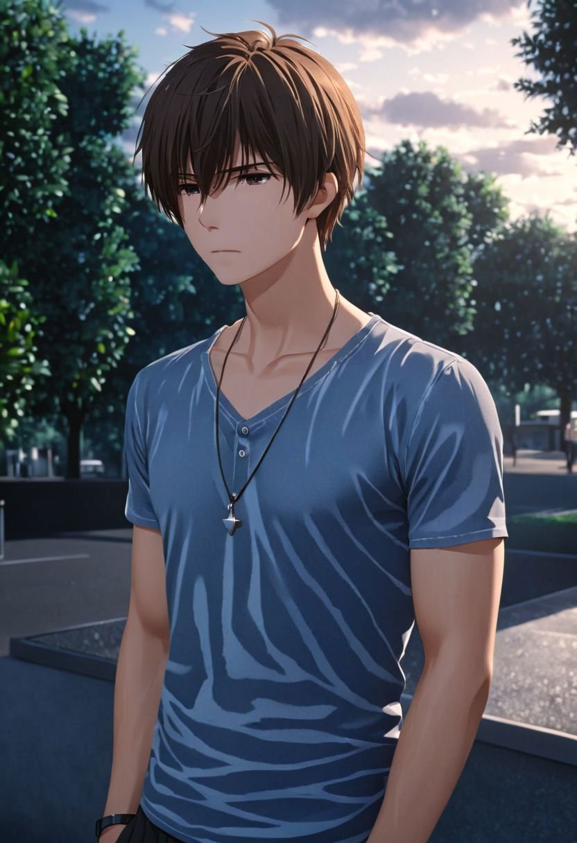 photorealistic, (4k), extremely detailed, hyper detailed, high resolution, professional photography, best quality, 1boy, solo, male focus, easynegative, outdoor, 3/4 body, casual, Negative prompt, seiya kanie, necklace, sad