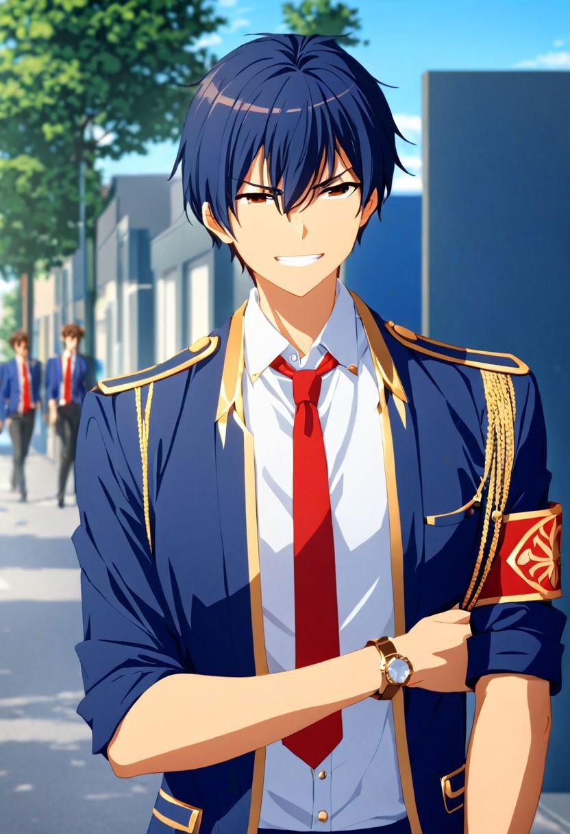 (4k), high resolution, professional photography, best quality, 1boy, solo, male focus, easynegative, outdoor, 3/4 body, casual, Negative prompt, seiya kanie, necklace, white dress shirt under a dark blue jacket with golden accents, gold aiguillettes worn on the right shoulder, a red tie, gray pants, and a red armband on it around his left arm, angry, smile