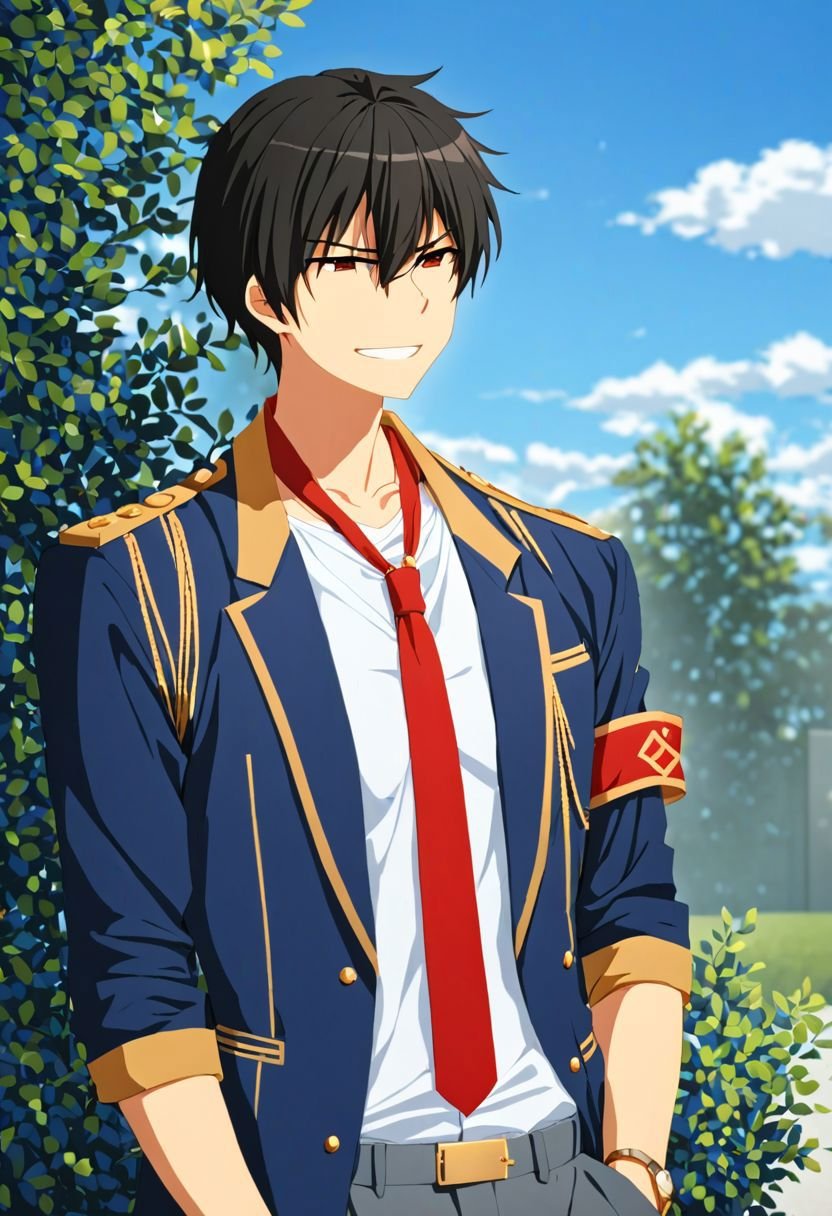 (4k), high resolution, professional photography, best quality, 1boy, solo, male focus, easynegative, outdoor, 3/4 body, casual, Negative prompt, seiya kanie, necklace, white dress shirt under a dark blue jacket with golden accents, gold aiguillettes worn on the right shoulder, a red tie, gray pants, and a red armband on it around his left arm, angry, smile, black hair