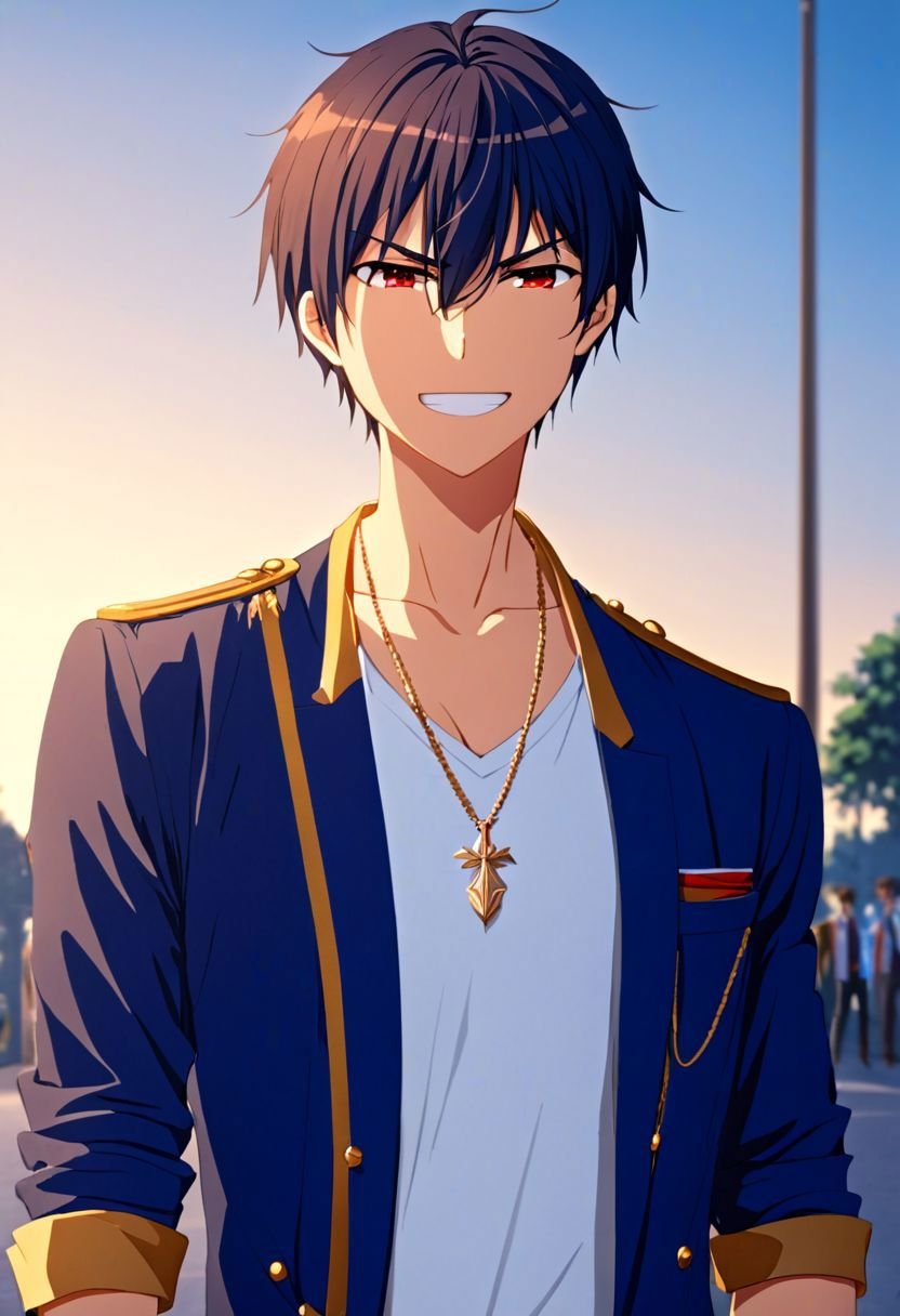 (4k), high resolution, professional photography, best quality, 1boy, solo, male focus, easynegative, outdoor, 3/4 body, casual, Negative prompt, seiya kanie, necklace, white dress shirt under a dark blue jacket with golden accents, gold aiguillettes worn on the right shoulder, a red tie, gray pants, and a red armband on it around his left arm, angry, smile