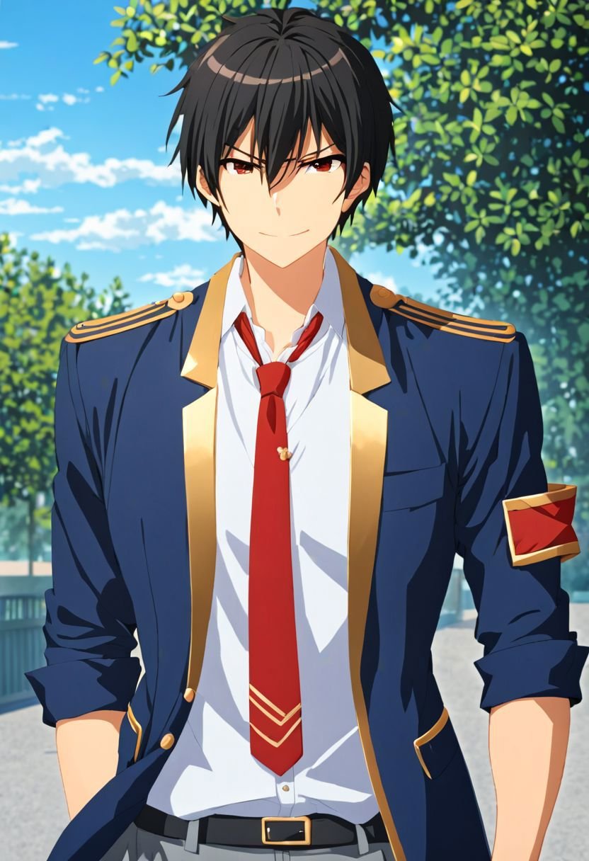 (4k), high resolution, professional photography, best quality, 1boy, solo, male focus, easynegative, outdoor, 3/4 body, casual, Negative prompt, seiya kanie, necklace, white dress shirt under a dark blue jacket with golden accents, gold aiguillettes worn on the right shoulder, a red tie, gray pants, and a red armband on it around his left arm, angry, smile, black hair