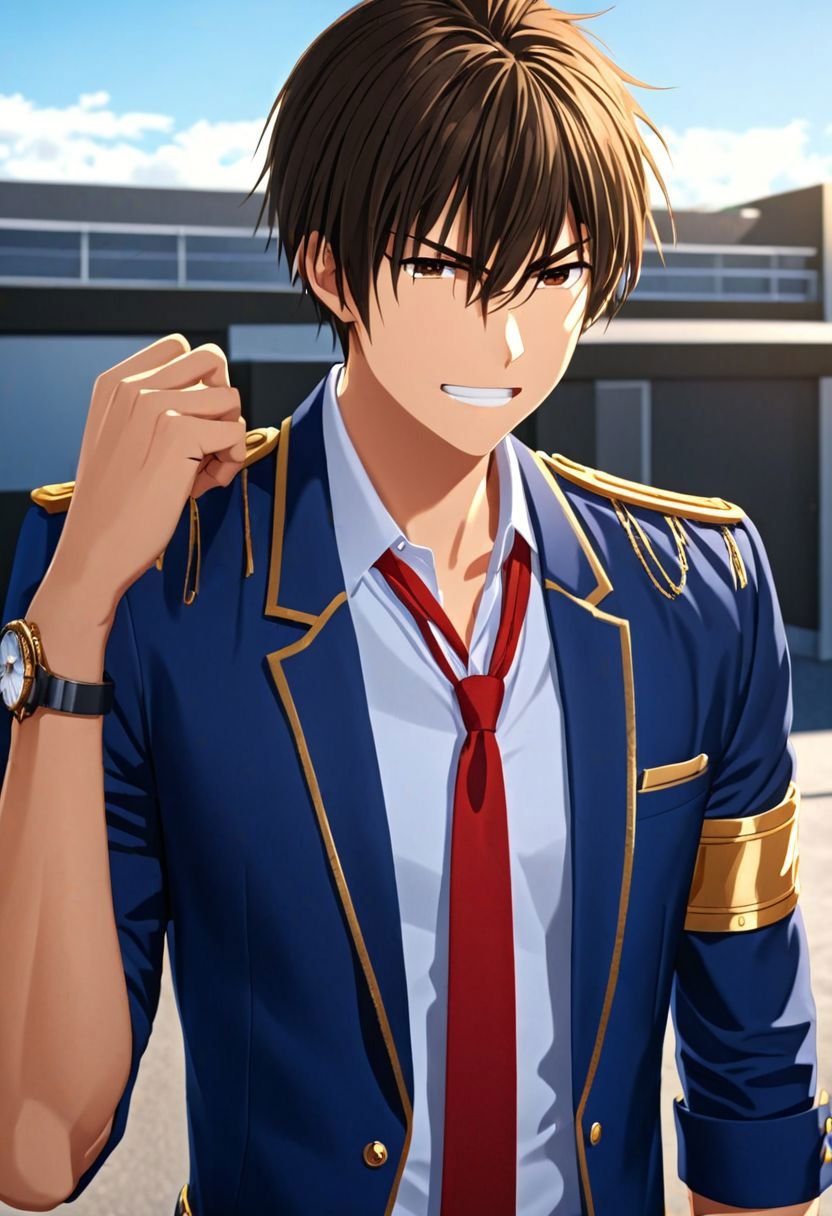 photorealistic, (4k), extremely detailed, hyper detailed, high resolution, professional photography, best quality, 1boy, solo, male focus, easynegative, outdoor, 3/4 body, casual, Negative prompt, seiya kanie, necklace, white dress shirt under a dark blue jacket with golden accents, gold aiguillettes worn on the right shoulder, a red tie, gray pants, and a red armband on it around his left arm, angry, smile