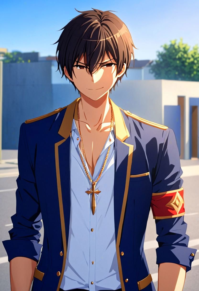 (4k), high resolution, professional photography, best quality, 1boy, solo, male focus, easynegative, outdoor, 3/4 body, casual, Negative prompt, seiya kanie, necklace, white dress shirt under a dark blue jacket with golden accents, gold aiguillettes worn on the right shoulder, a red tie, gray pants, and a red armband on it around his left arm, angry, smile