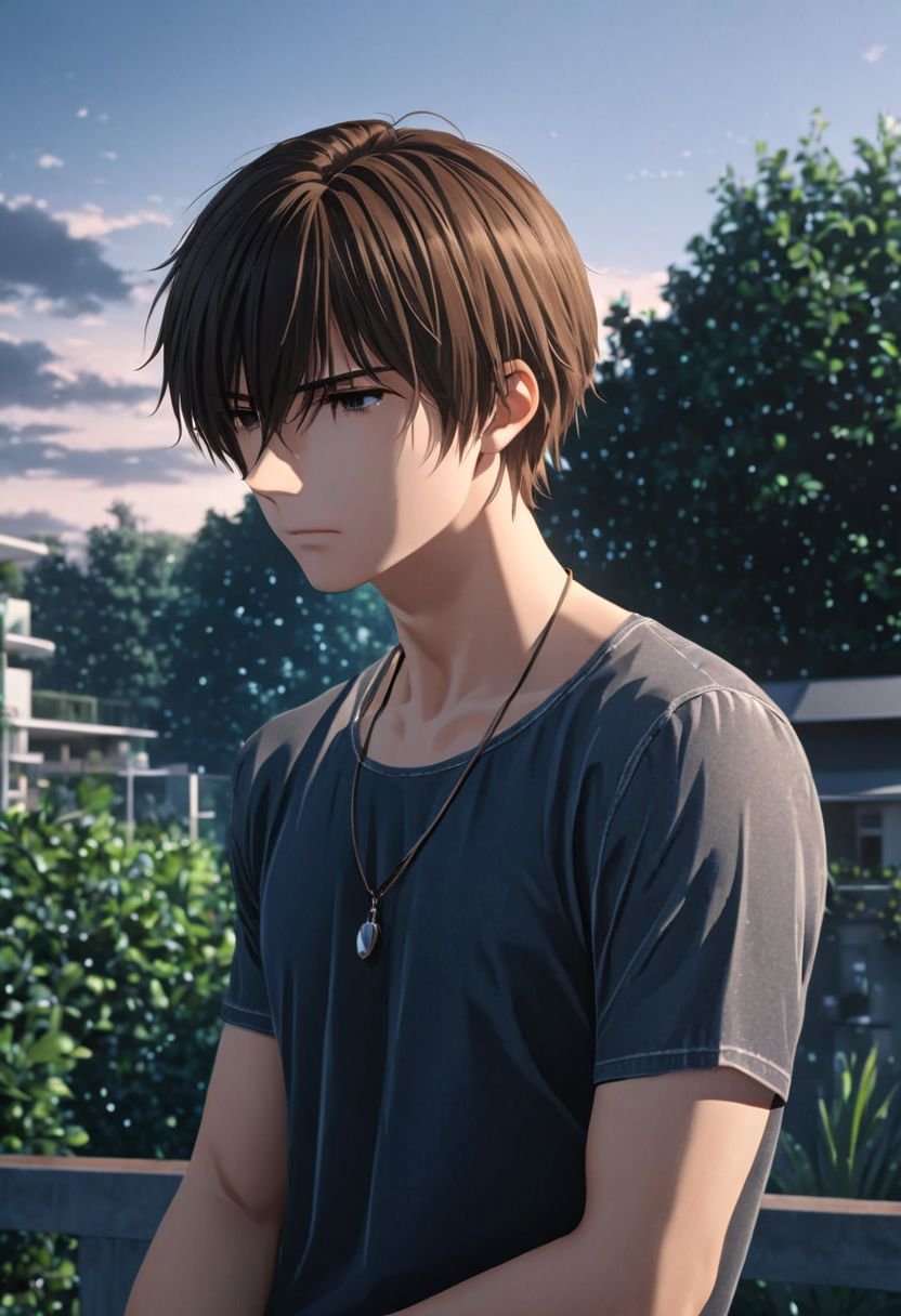 photorealistic, (4k), extremely detailed, hyper detailed, high resolution, professional photography, best quality, 1boy, solo, male focus, easynegative, outdoor, 3/4 body, casual, Negative prompt, seiya kanie, necklace, sad