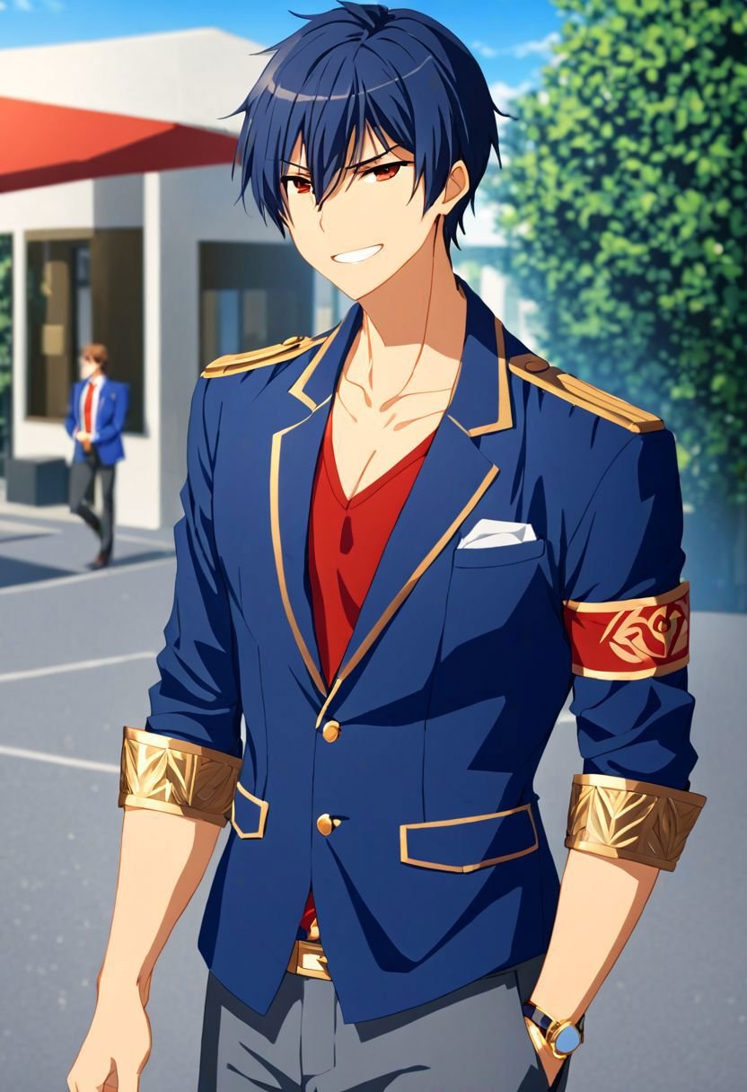 (4k), high resolution, professional photography, best quality, 1boy, solo, male focus, easynegative, outdoor, 3/4 body, casual, Negative prompt, seiya kanie, necklace, white dress shirt under a dark blue jacket with golden accents, gold aiguillettes worn on the right shoulder, a red tie, gray pants, and a red armband on it around his left arm, angry, smile